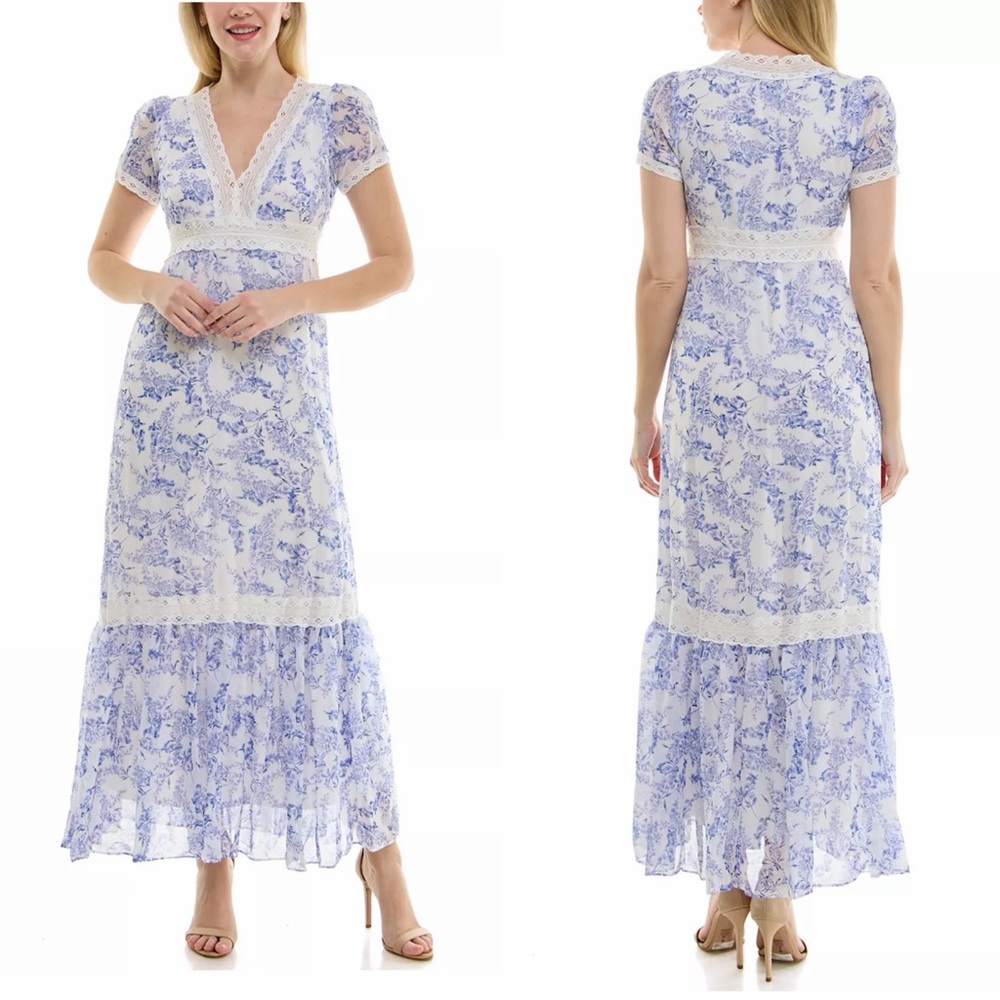 Taylor Blue and White Floral Lace-Trim Maxi Dress